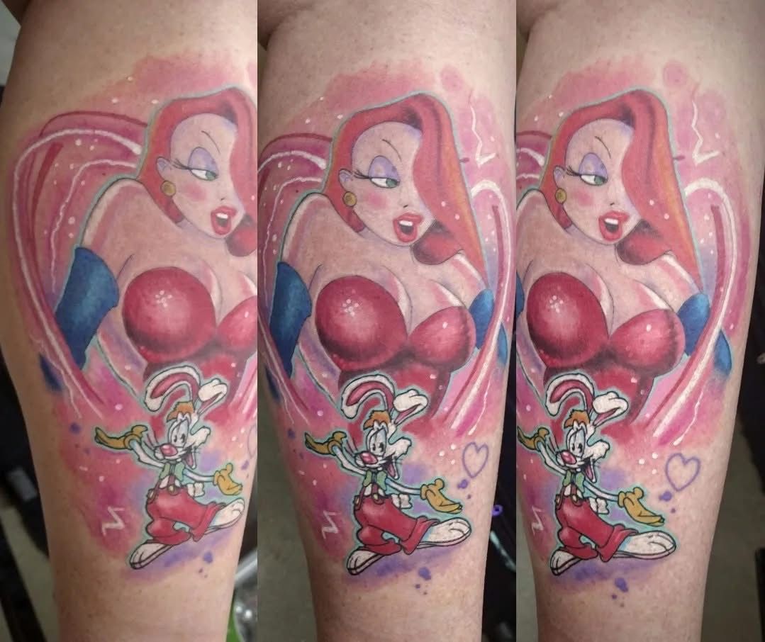 Tattoo of Jessica Rabbit and Roger Rabbit with a pink heart, red, blue, and purple colors.