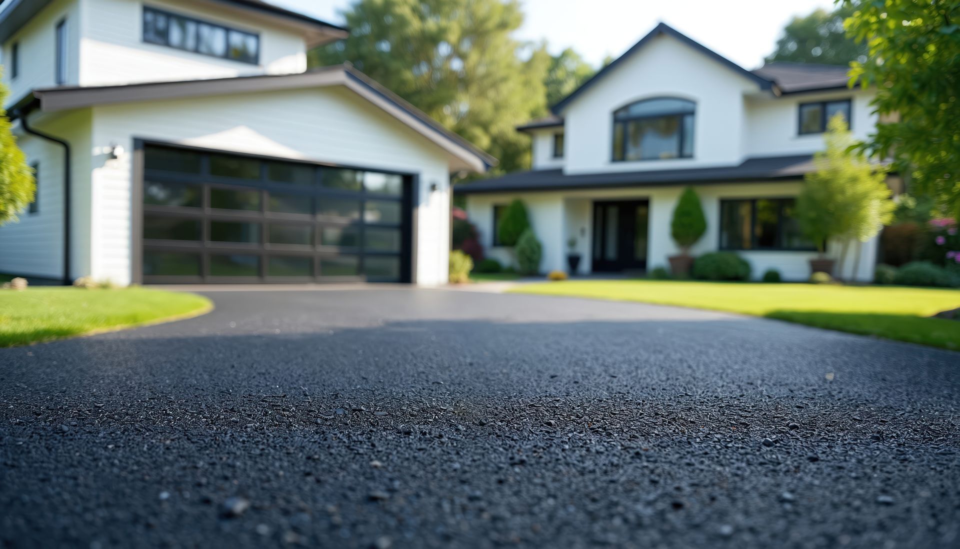 Newly paved asphalt driveway leads to modern suburban house with clean lawn. Driveway surface smooth