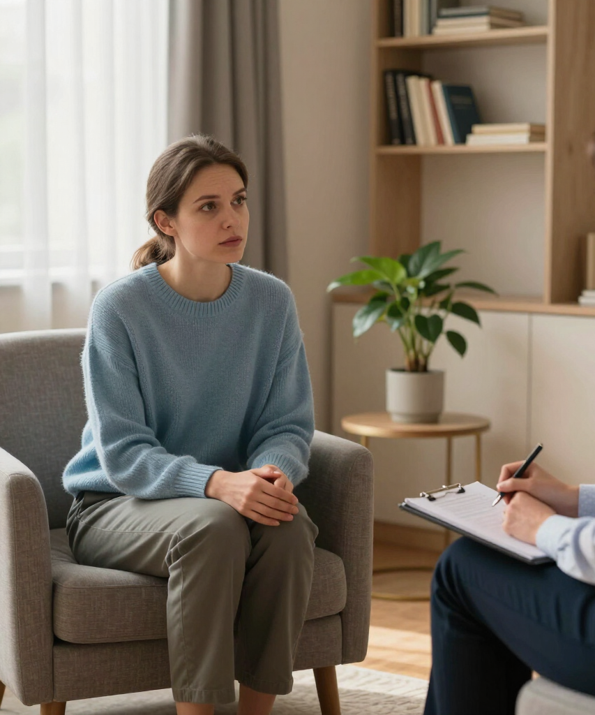 Woman seated in a chair during a counseling session, speaking with a therapist in an office.