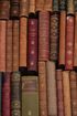 Assorted vintage leather-bound books stacked tightly on a shelf