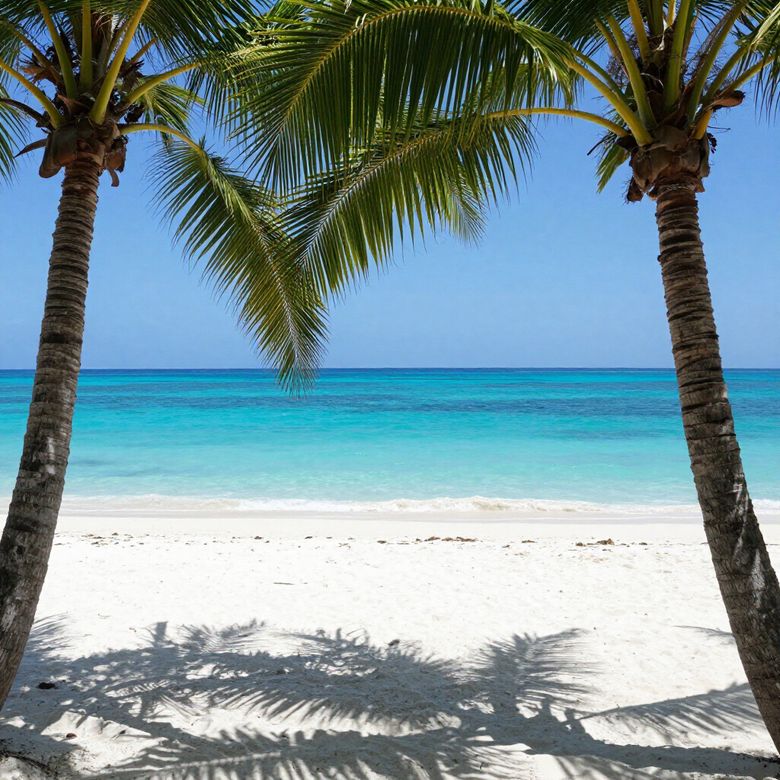 Two palm trees frame a sunny tropical beach with white sand and turquoise water under a clear blue sky.