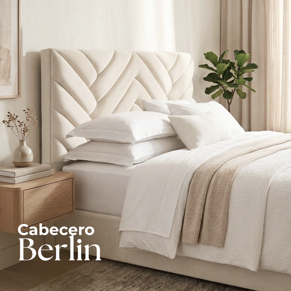 Cama tapizada en color beige con cabecero capitoné, ropa de cama blanca y mesita de noche en un dormitorio luminoso.