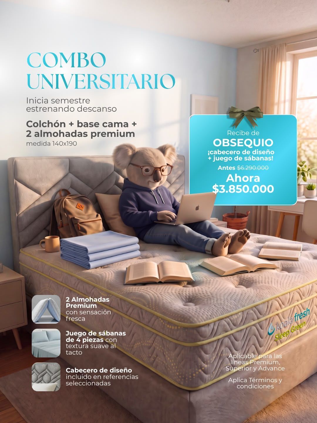 Sofá cama beige en sala luminosa, con hombre recostado y promoción de combo universitario con regalo y precio.