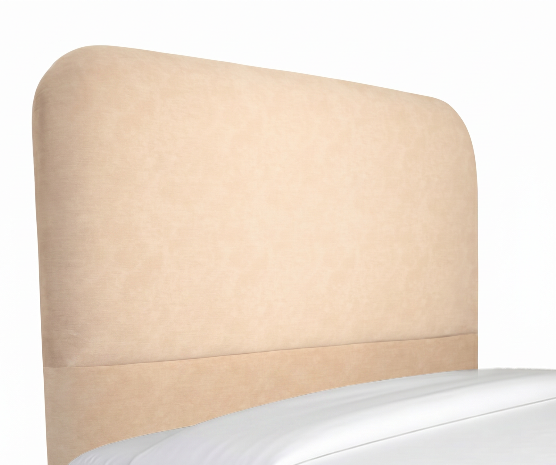 Cama bien hecha con cabecero tapizado en color beige y almohadas blancas, junto a una pequeña lámpara y una planta.