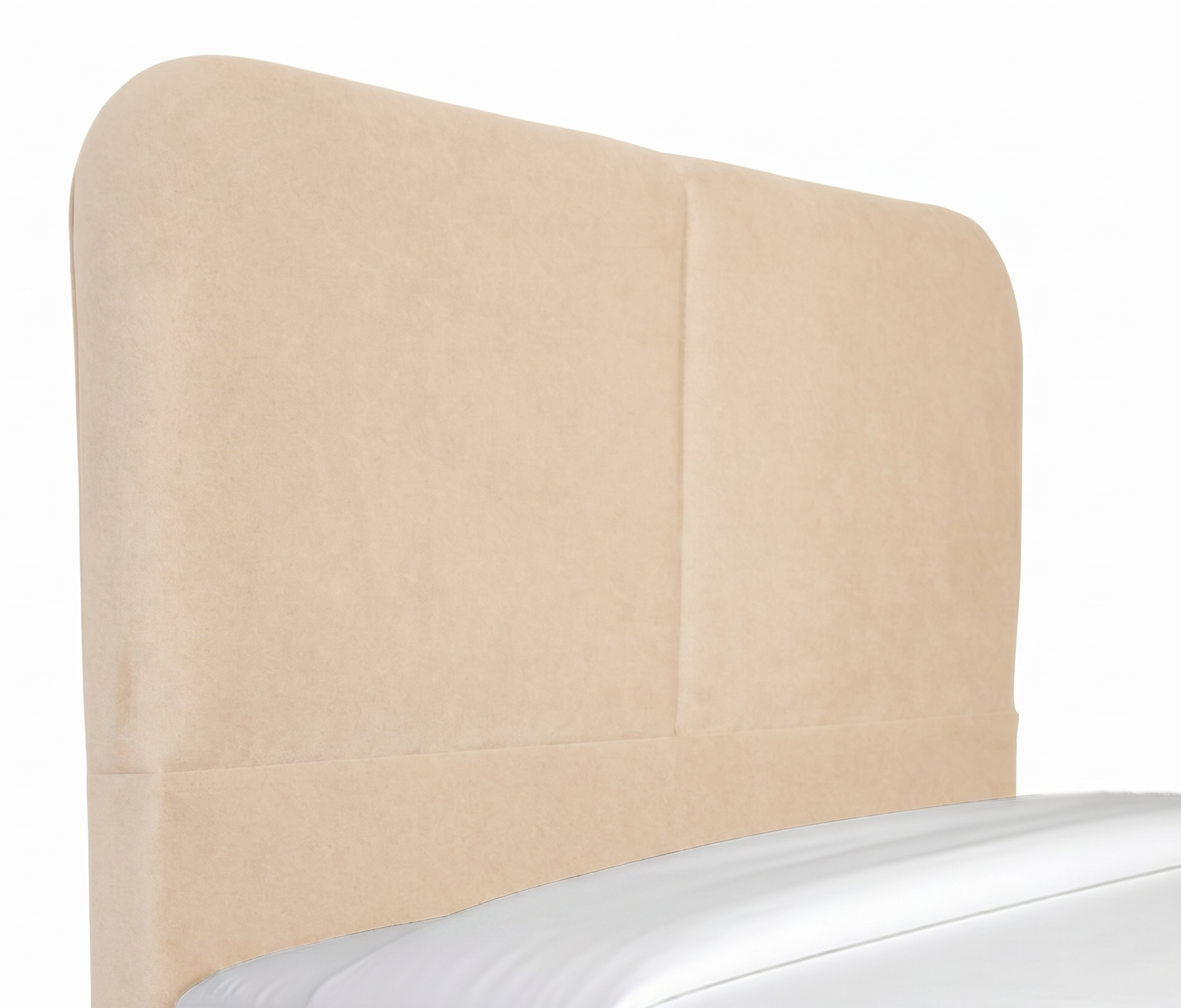 Una cama bien hecha con ropa de cama blanca, almohadas beige y un cabecero texturizado de color gris claro en un dormitorio luminoso.