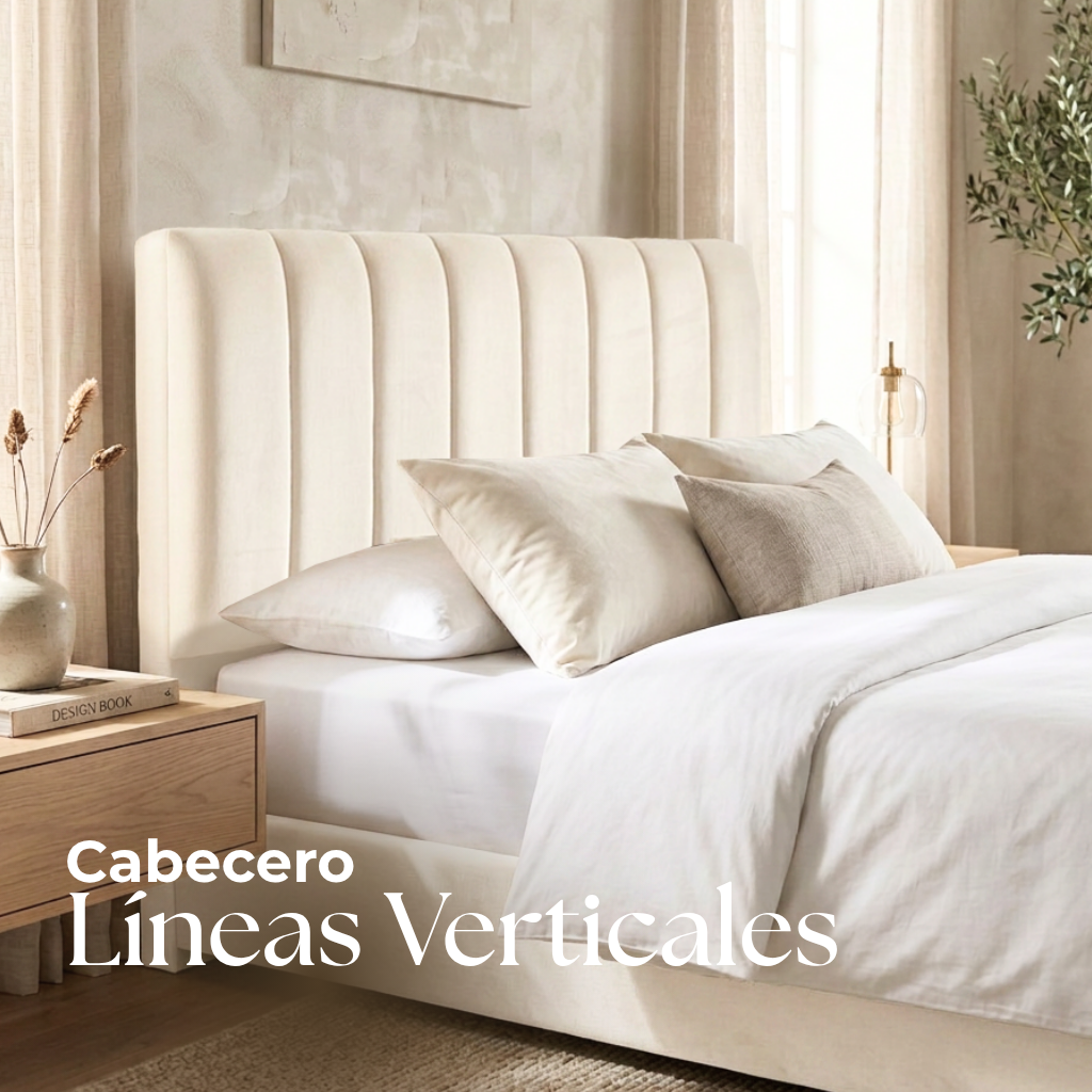 Dormitorio moderno con cabecero tapizado en gris, ropa de cama blanca y una pequeña mesita de noche con una planta.