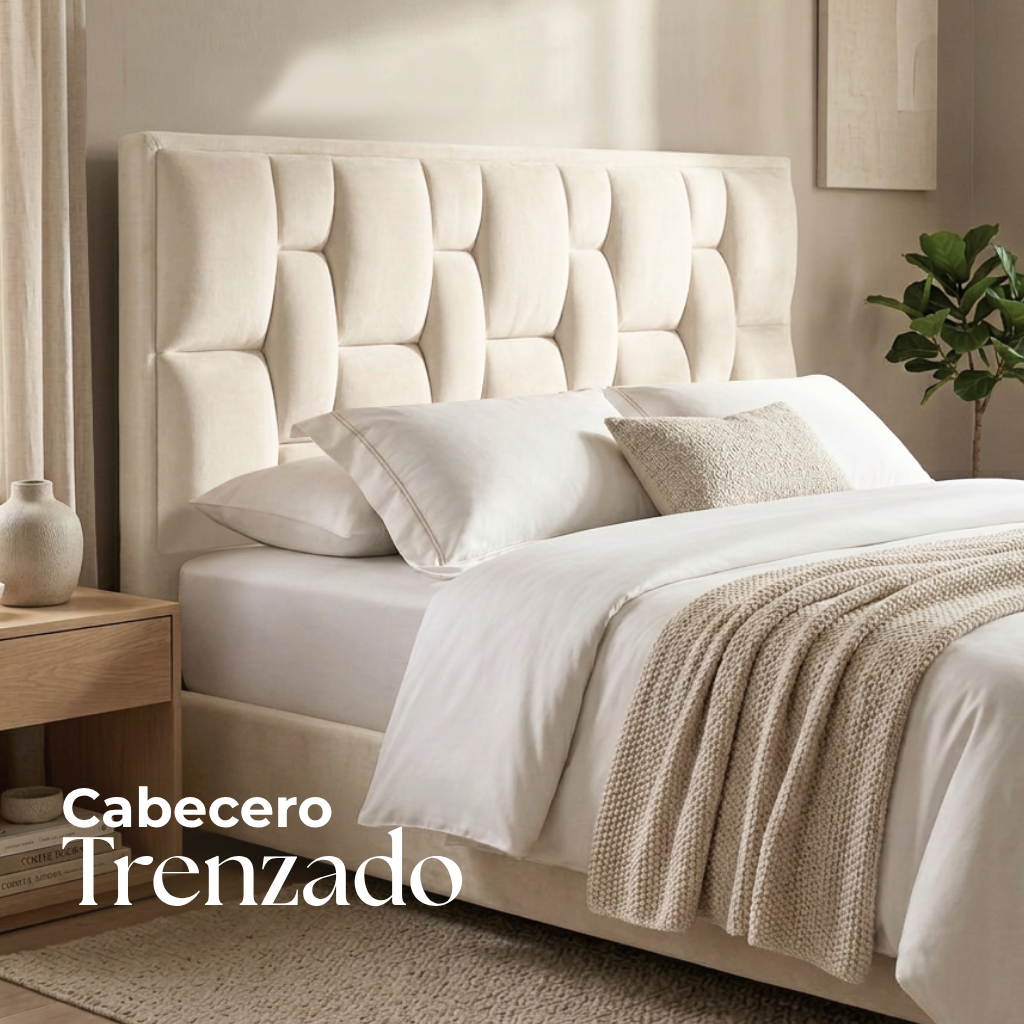 Elegante cama tapizada en color crema con cabecero capitoné, ropa de cama blanca y una manta de punto en un dormitorio luminoso.