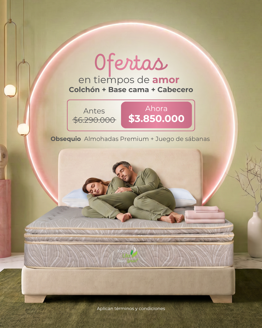 Anuncio de colchón para dormitorio con una pareja en una cama, un círculo rosa neón y texto de venta en español con el precio.