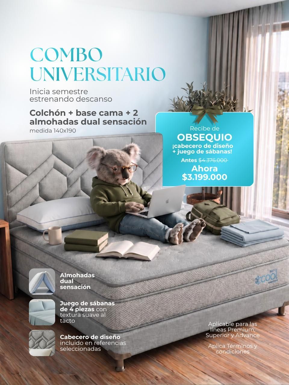 Anuncio de dormitorio beige con cama, silla y joven sentado; texto promociona combo universitario y obsequio.