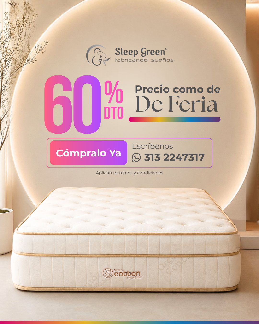 Anuncio promocional de colchones en color beige y rosa, que muestra un 60% de descuento y el botón