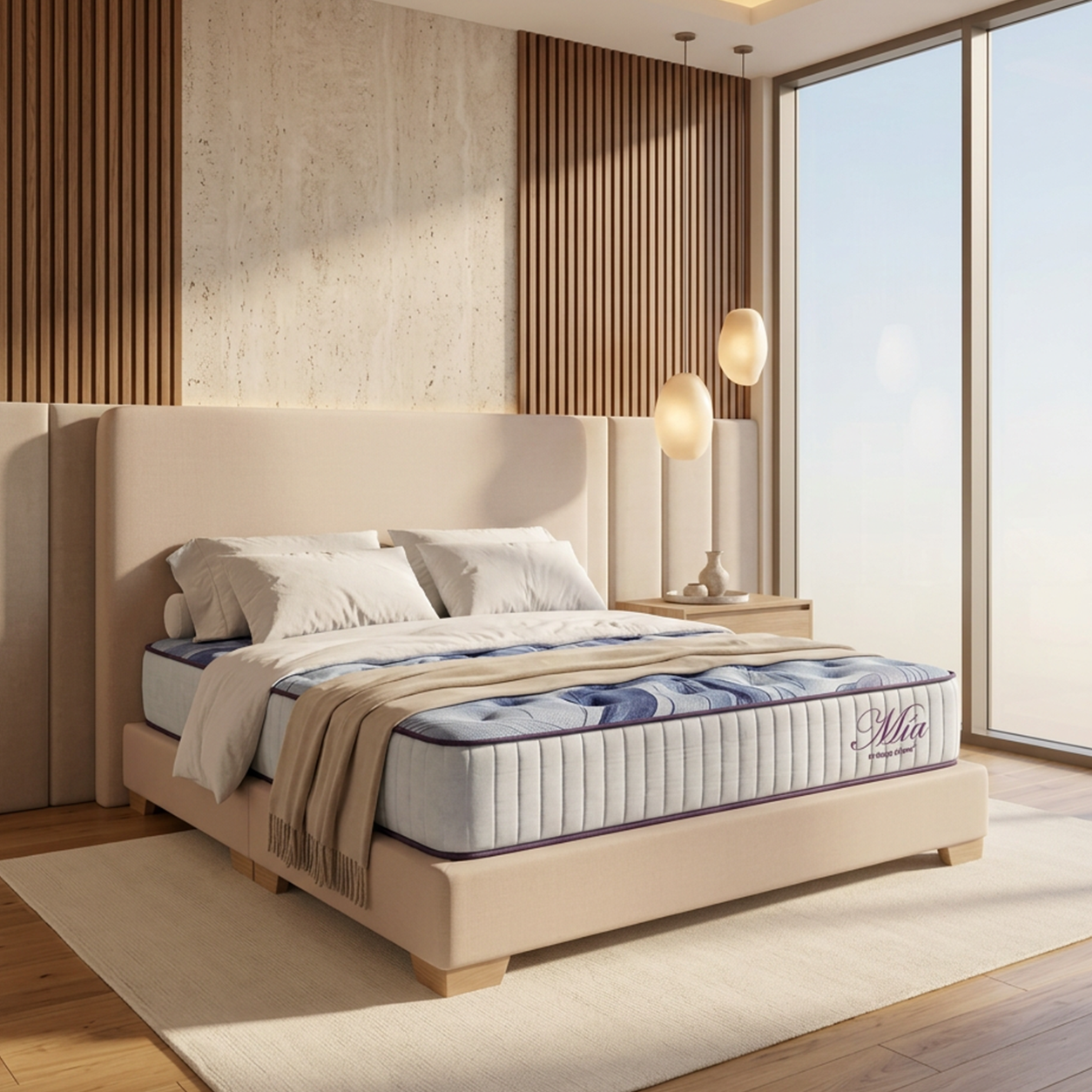Dormitorio moderno con cama beige, detalles en madera, ventana grande y luz natural cálida.