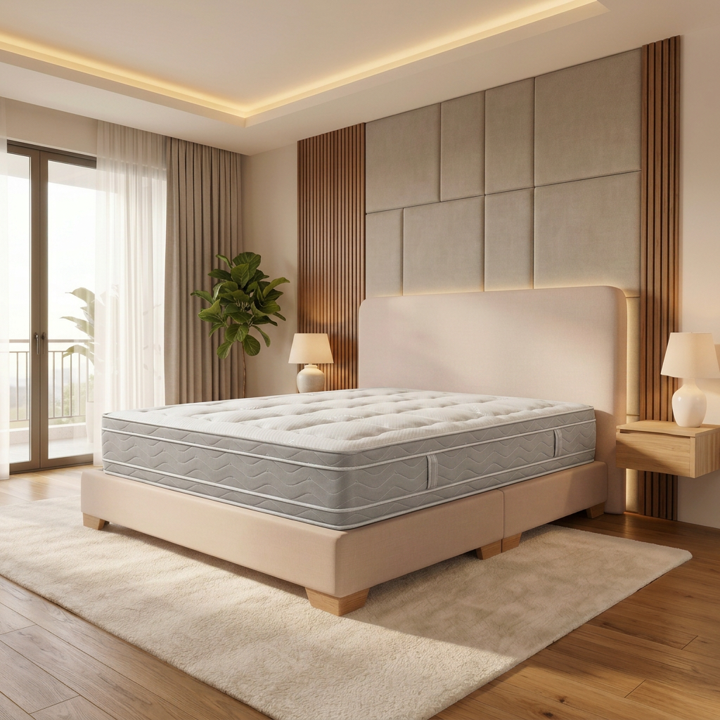 Dormitorio moderno con cama tapizada en color beige, colchón gris, detalles en madera y luz natural suave.