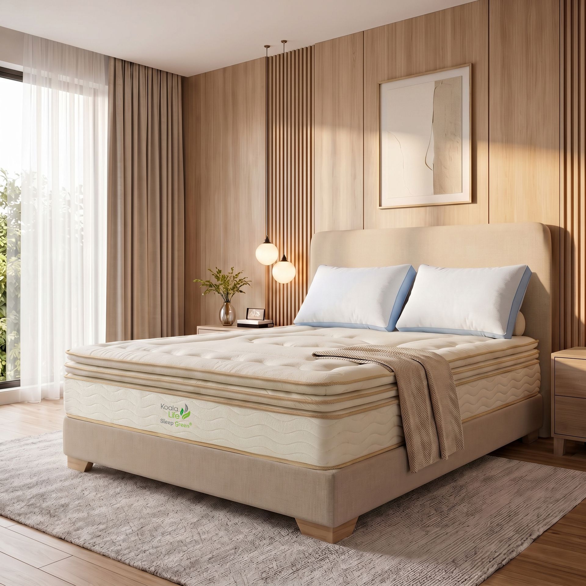 Cama tapizada en color beige con colchón en un dormitorio moderno y luminoso, junto a cortinas y una alfombra tejida.
