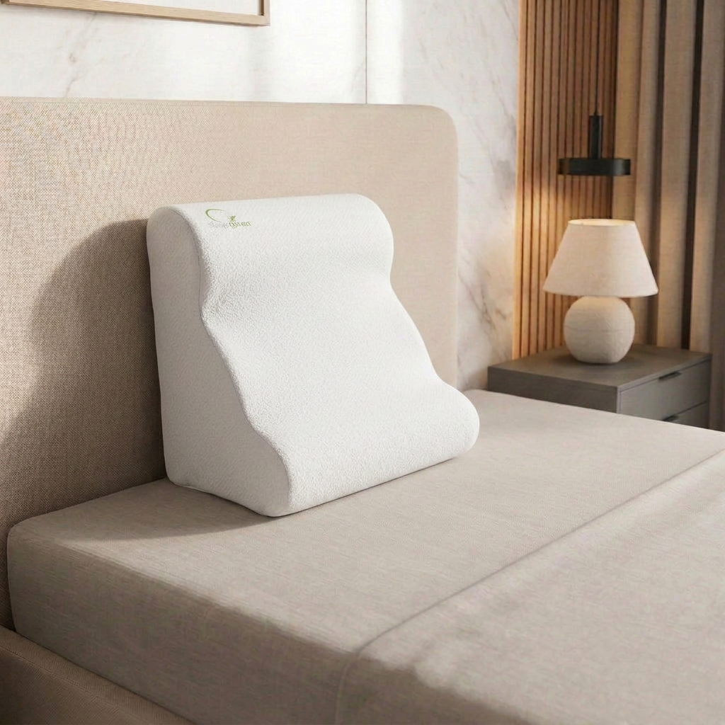 Cama beige con almohada blanca y lámpara de noche en un dormitorio minimalista.