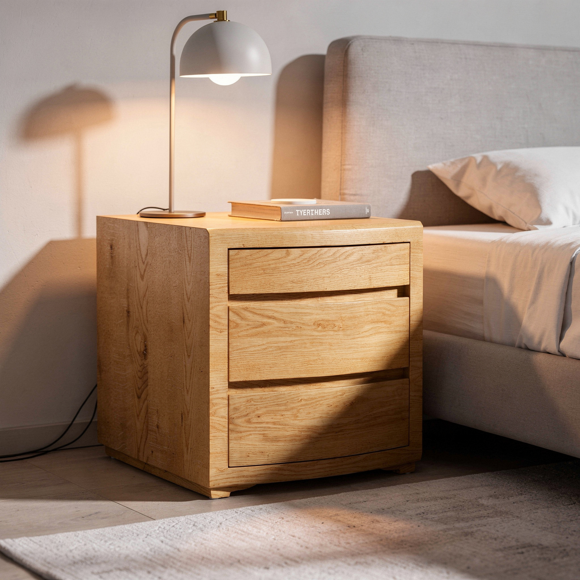 Mesita de noche de madera con lámpara junto a una cama beige en un dormitorio soleado.
