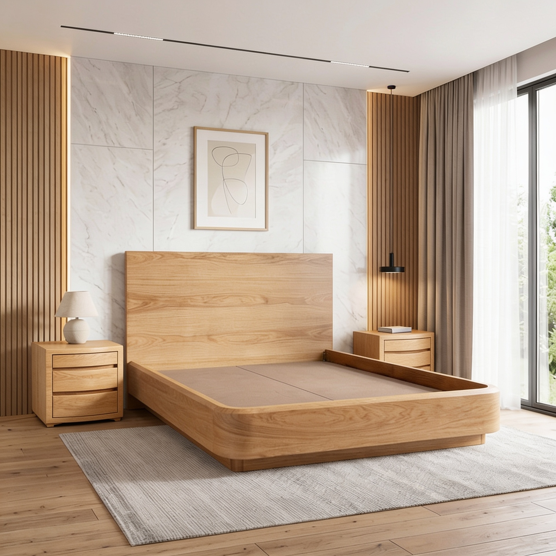 Dormitorio minimalista con cama de madera, mesitas de noche a juego, alfombra y grandes ventanas con cortinas.