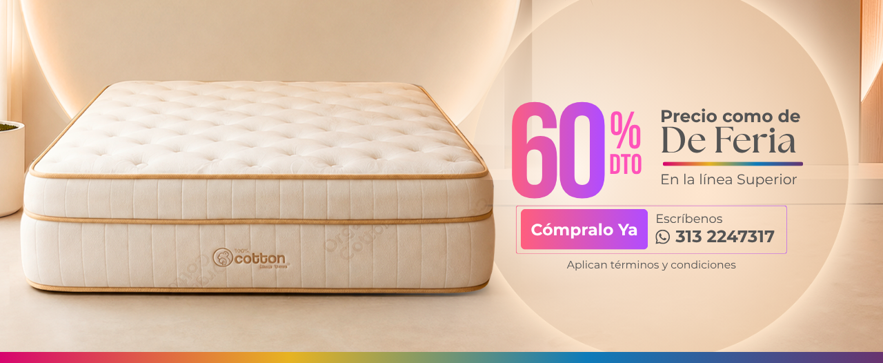 Colchón beige en un anuncio promocional con un 60% de descuento y opción de pago a plazos en la esquina derecha.