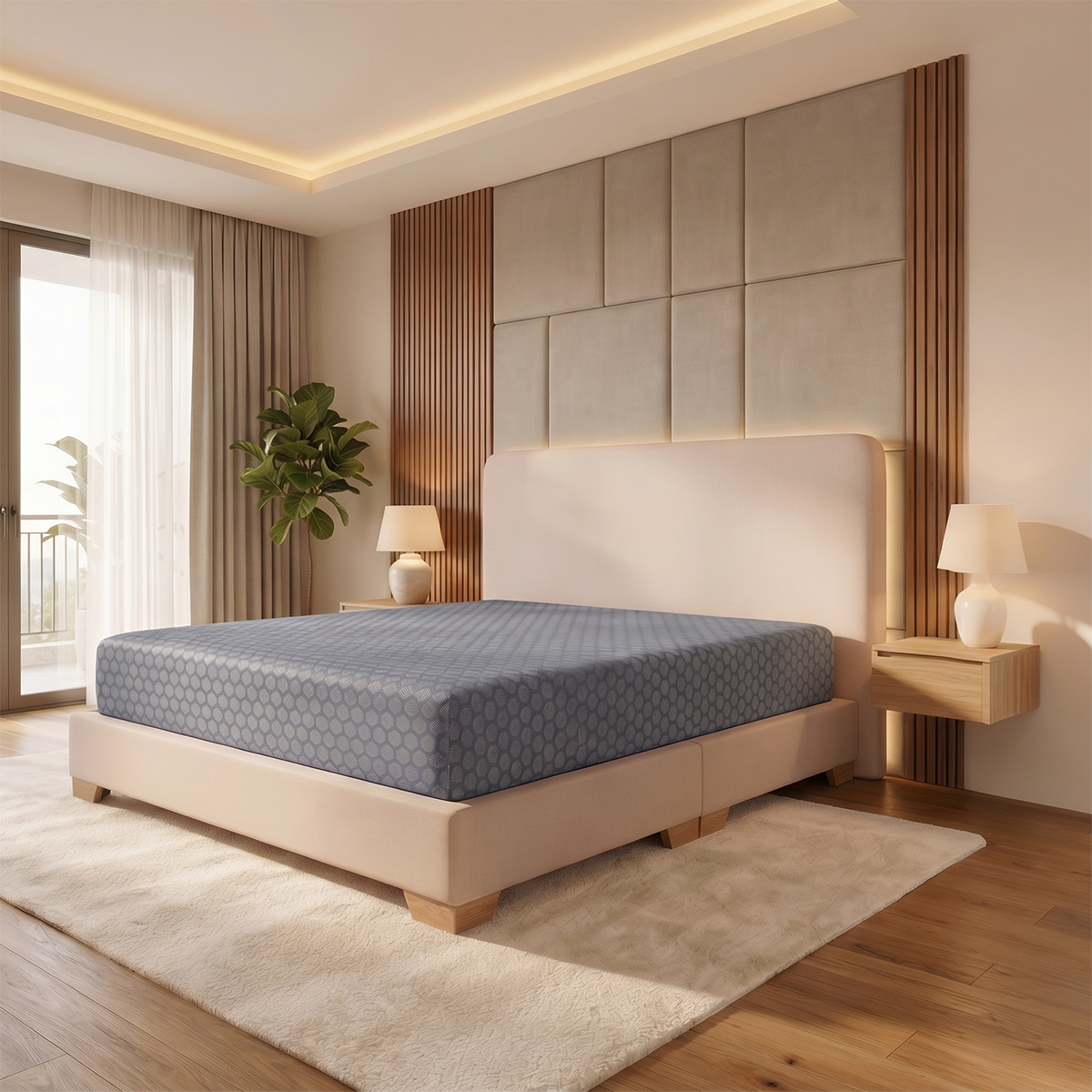 Dormitorio moderno con una cama grande tapizada, detalles en madera cálida y una decoración suave y neutra.