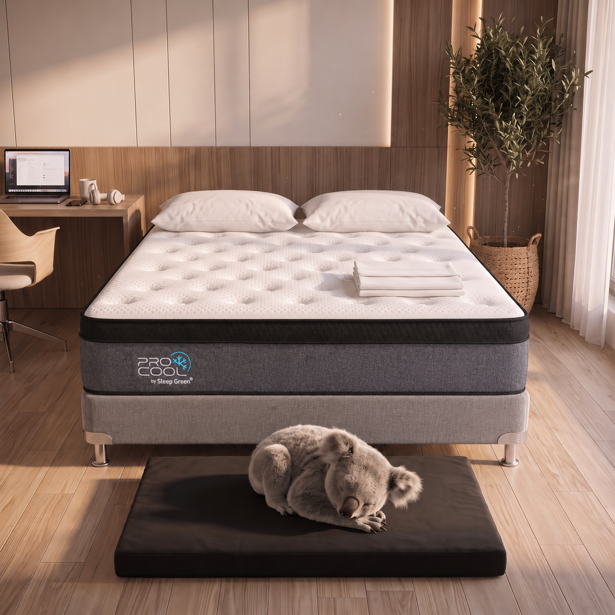 Dormitorio moderno con colchón gris sobre estructura de cama beige, decoración neutra y luz natural suave.