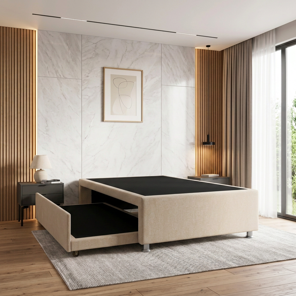 Dormitorio moderno de color beige con cama baja tipo plataforma, ropa de cama negra, pared decorativa de mármol y grandes ventanales.