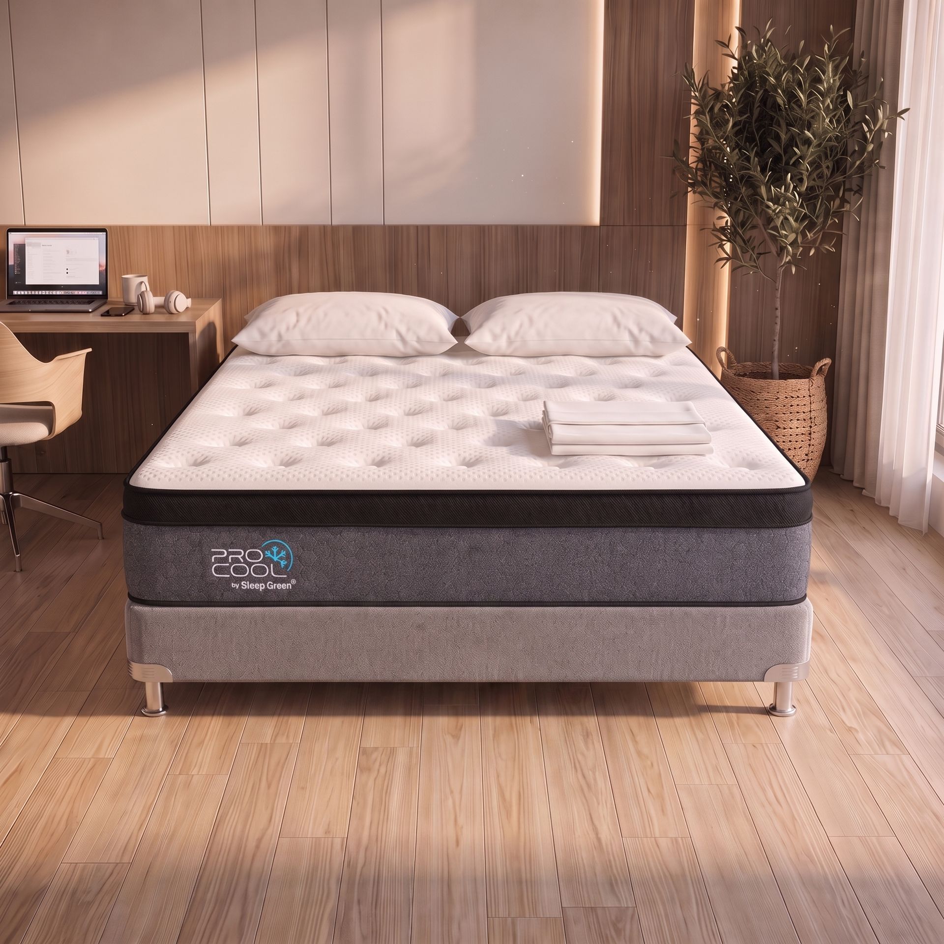 Dormitorio moderno con colchón gris sobre estructura de cama beige, decoración neutra y luz natural suave.