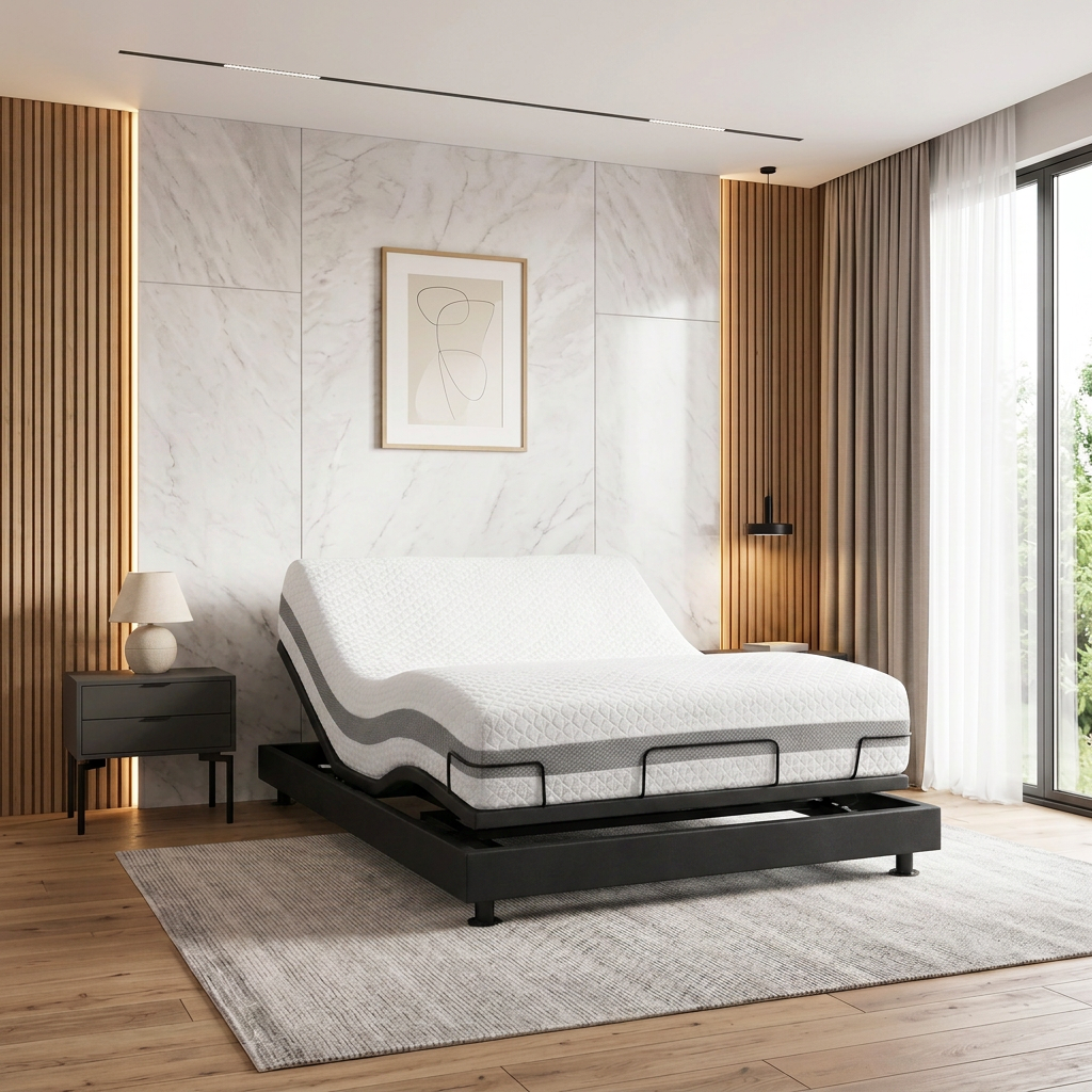 Dormitorio moderno con cama ajustable, cortinas beige, cuadro blanco en la pared y decoración suave en tonos neutros.