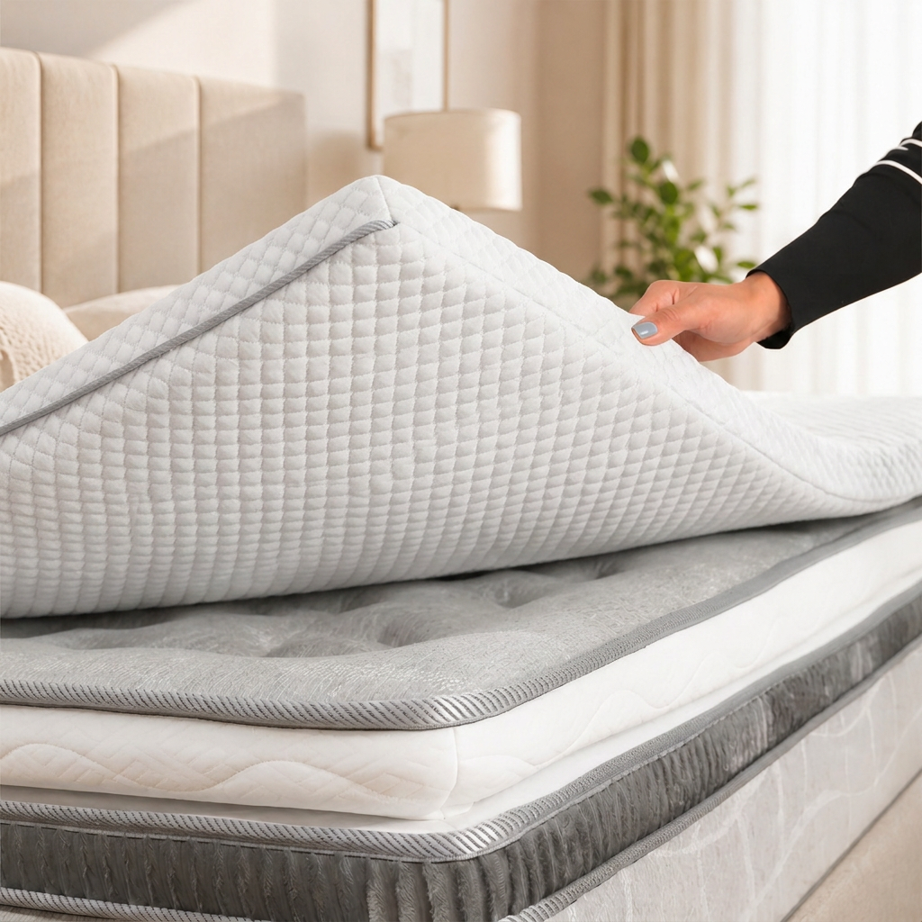 Manos levantando un cubrecolchón acolchado blanco sobre una cama en un dormitorio luminoso.