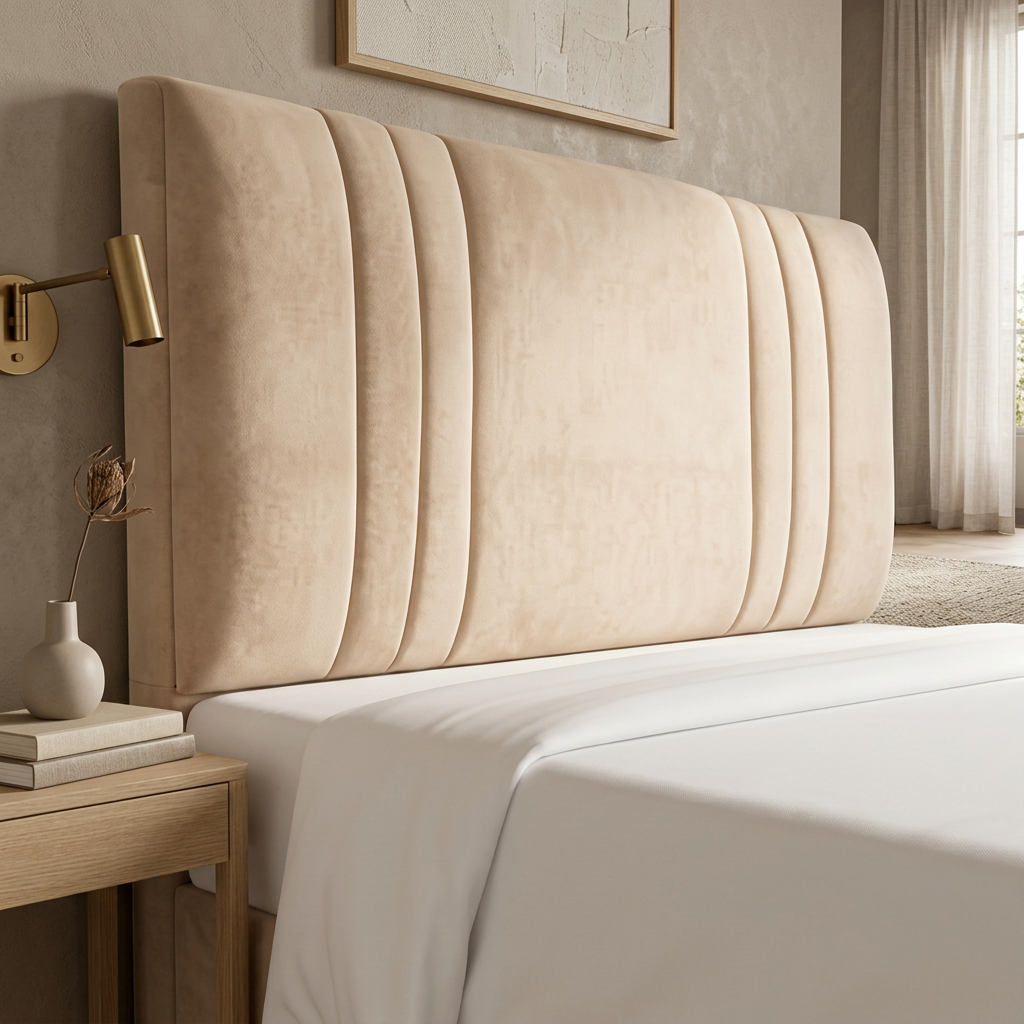 Cabecero tapizado en color beige junto a una cama impecablemente hecha en un dormitorio moderno y acogedor.