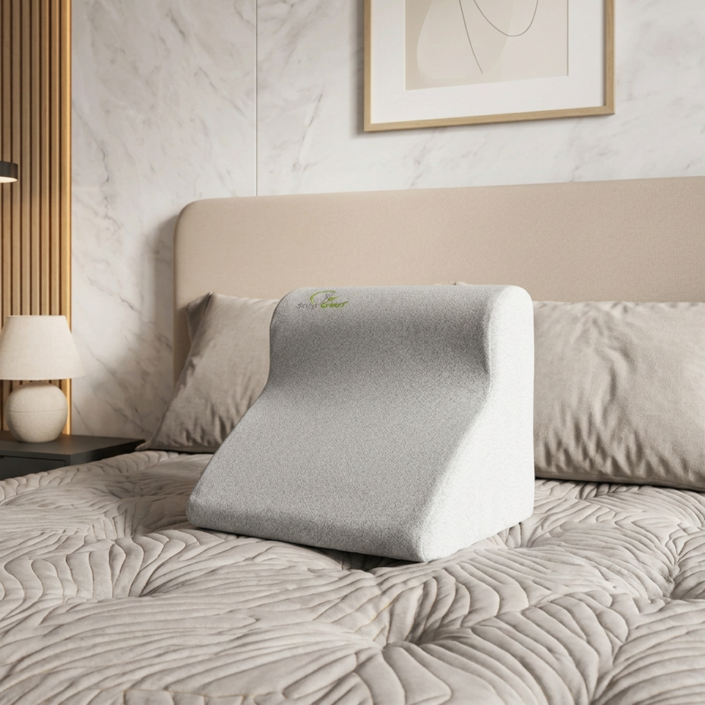 Cojín gris en forma de cuña sobre una cama beige en un dormitorio con iluminación tenue, con cabecero y lámpara cerca.