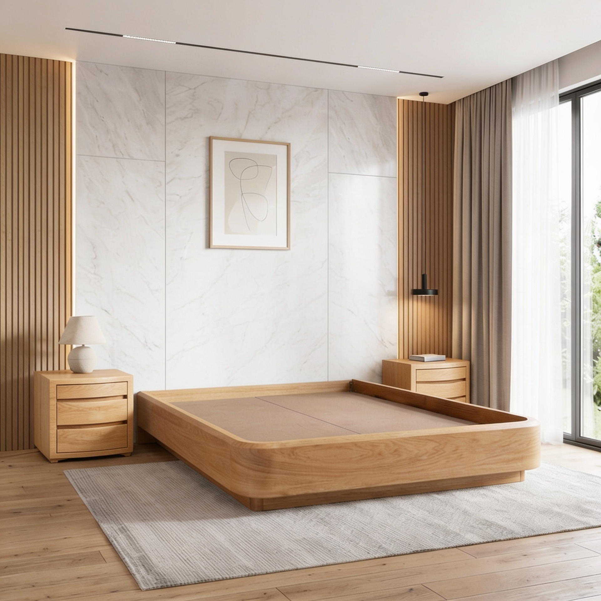Dormitorio minimalista con cama de madera, alfombra clara, mesitas de noche y cortinas que van del suelo al techo junto a la ventana.