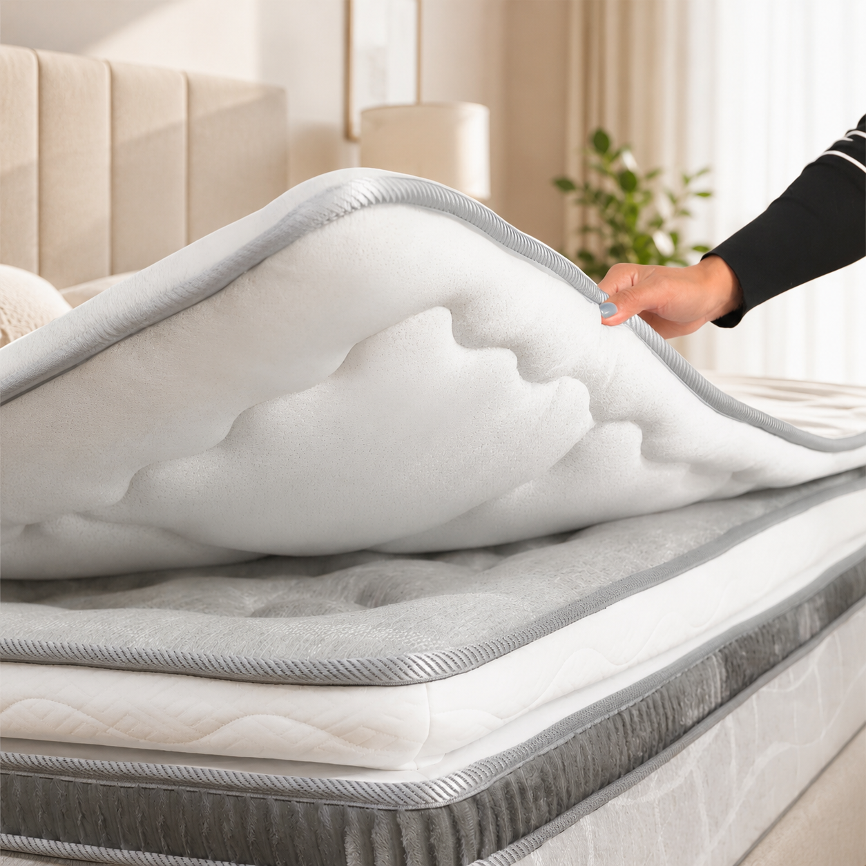 Levantando a mano un colchón blanco y mullido sobre una cama en un dormitorio luminoso.