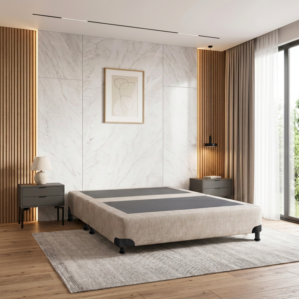 Dormitorio moderno con cama, mesitas de noche, detalles en madera, pared de mármol y grandes cortinas en la ventana.