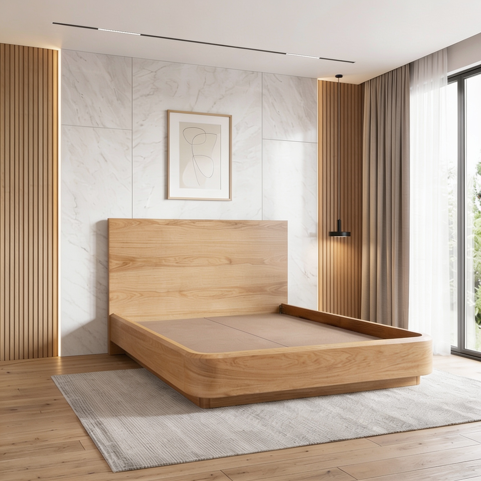 Dormitorio moderno minimalista con cama de plataforma de madera, pared decorativa de mármol blanco y ventanas del suelo al techo.