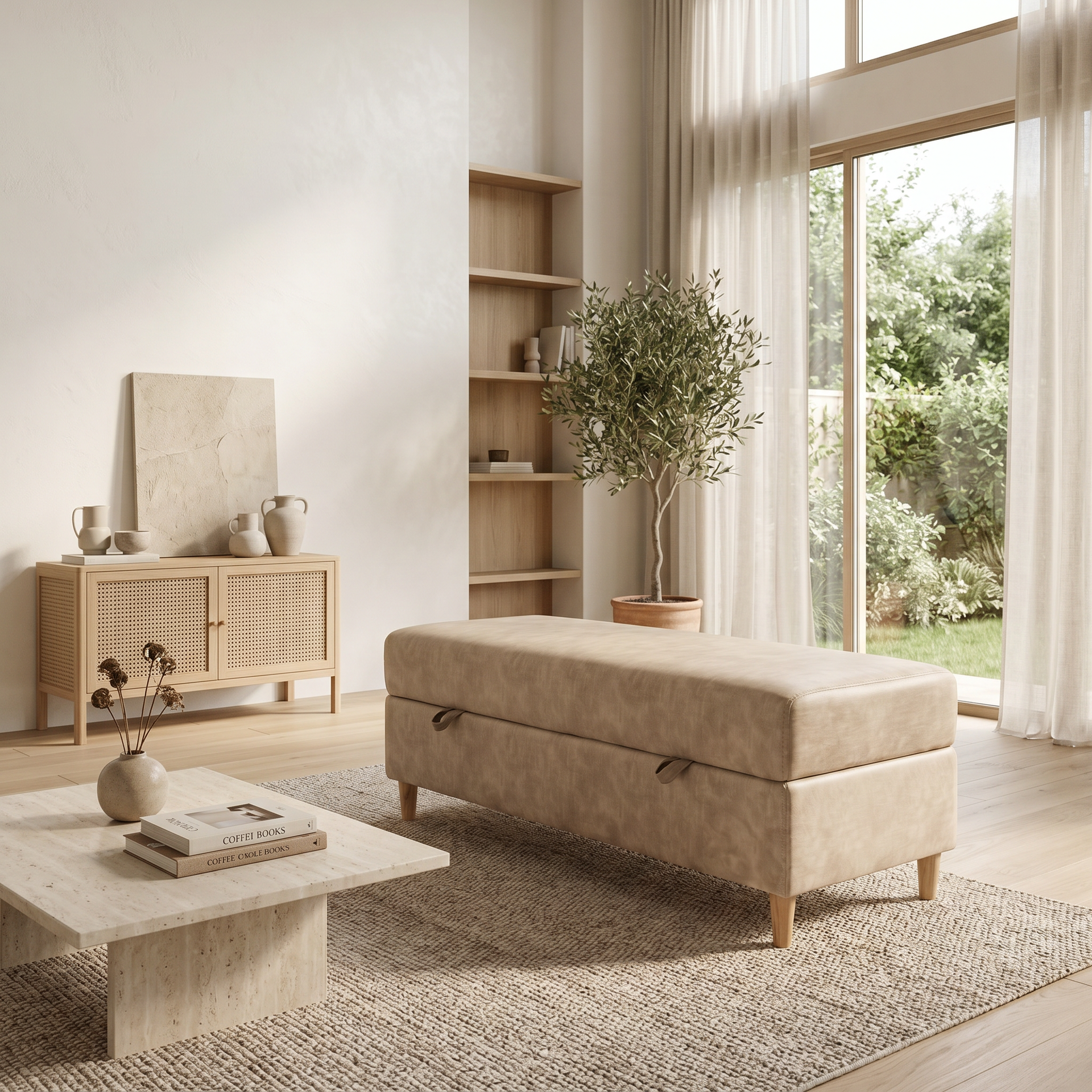 Acogedora sala de estar minimalista en tonos beige con sofá, armario de mimbre, mesa de centro y gran ventanal con cortinas.