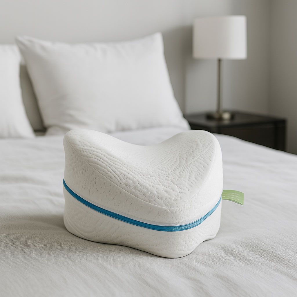 Cojín blanco en forma de cuña sobre una cama en un dormitorio luminoso, con una raya azul y etiqueta verde.