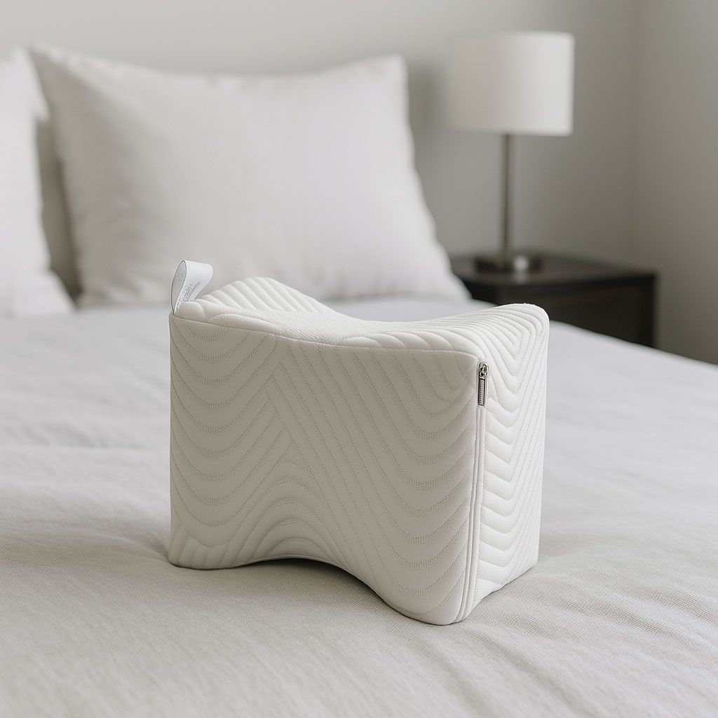 Almohada ortopédica blanca para los pies sobre una cama en un dormitorio con iluminación tenue.