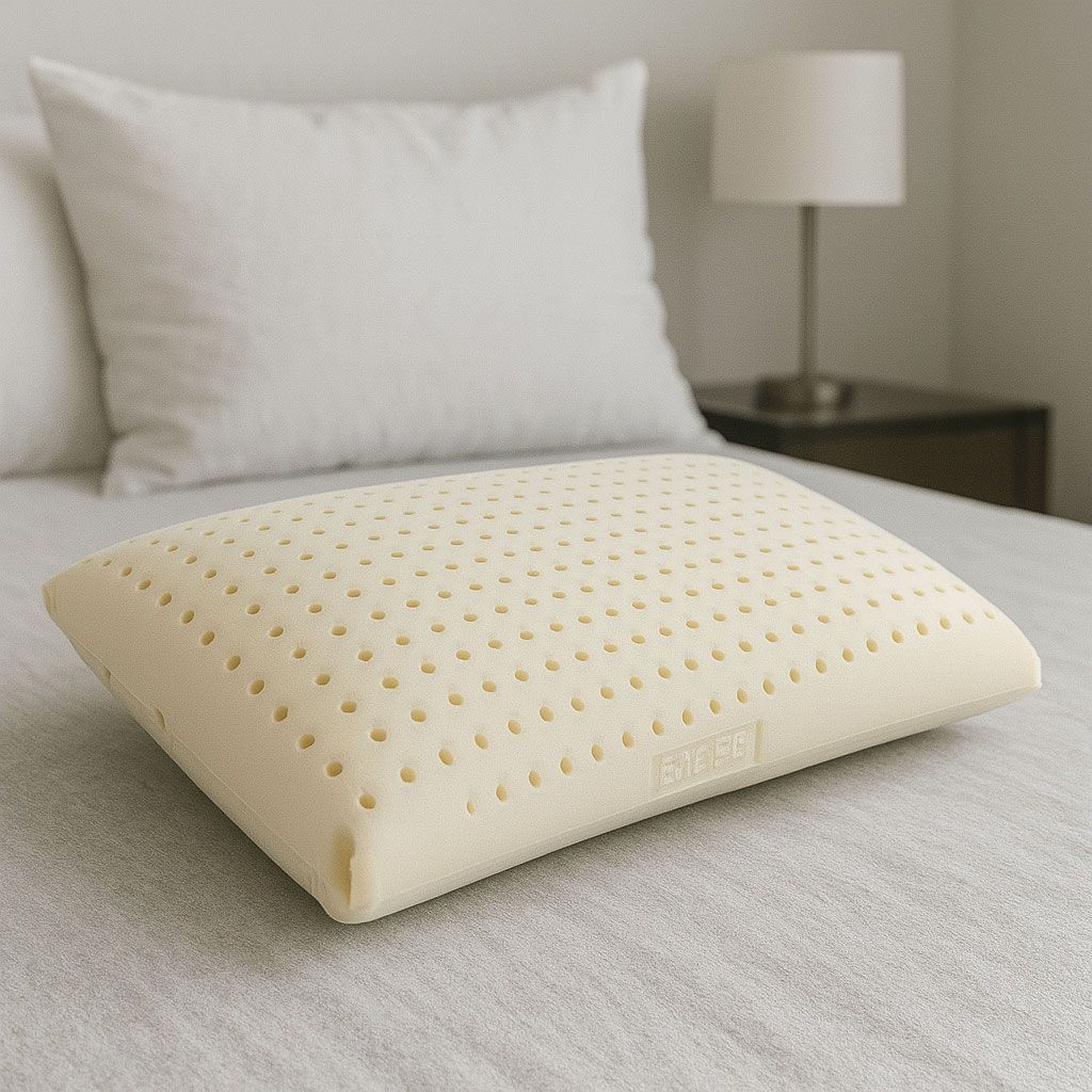 Almohada sobre una cama con una almohada blanca y una lámpara de noche al fondo.
