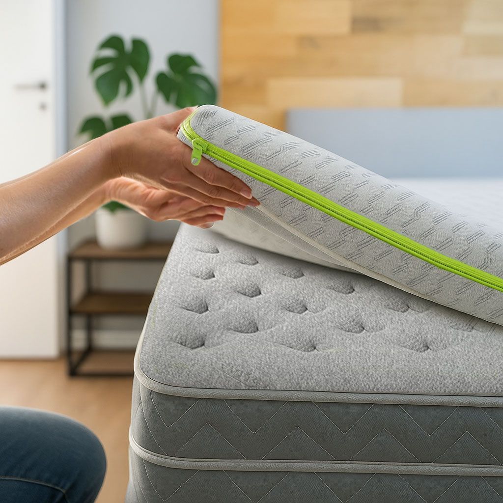 Levantando a mano una funda de colchón blanca con cremallera verde de un colchón gris en un dormitorio luminoso.