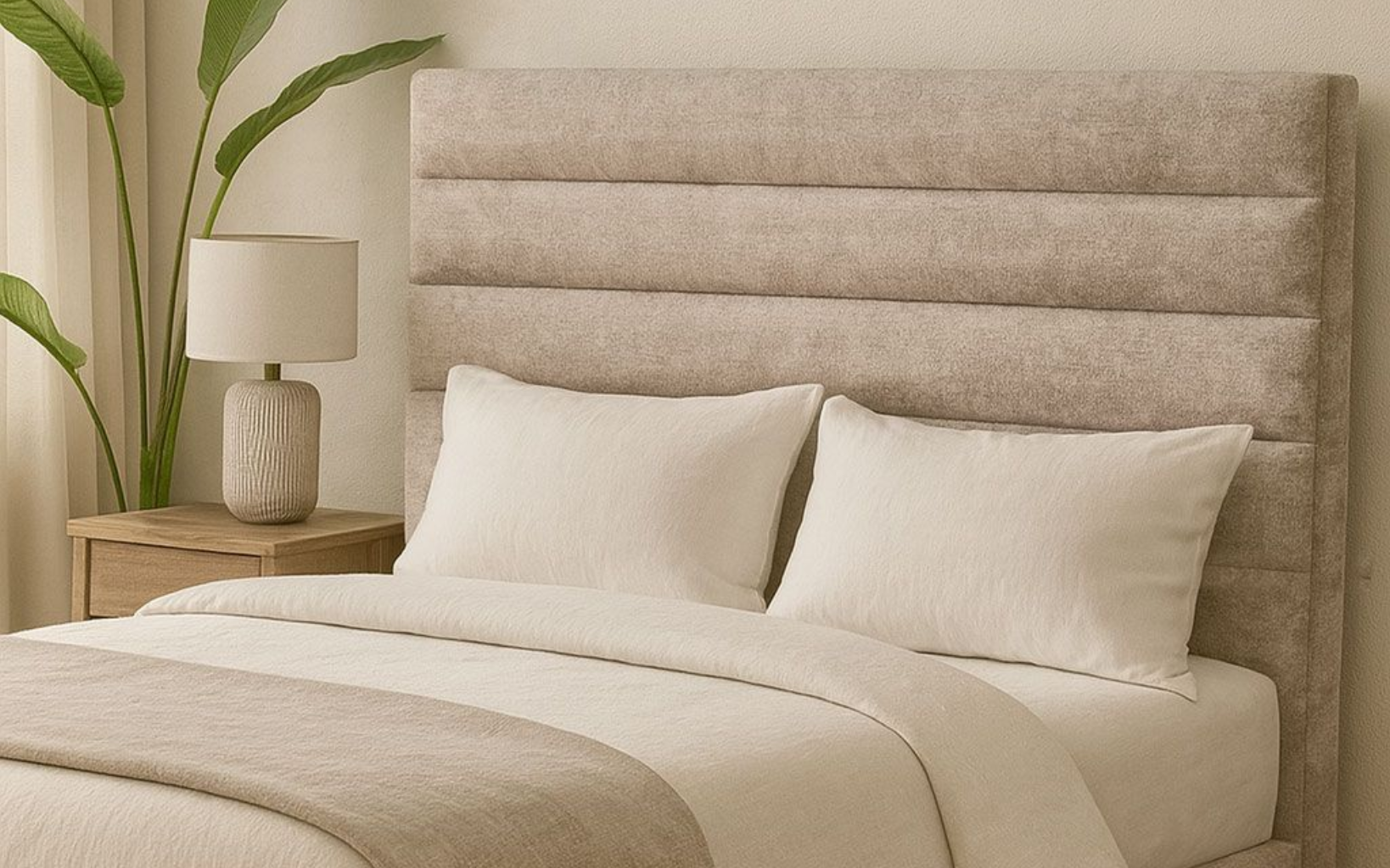Cama beige con cabecero tapizado, dos almohadas y una mesita de noche con lámpara en un dormitorio tranquilo.