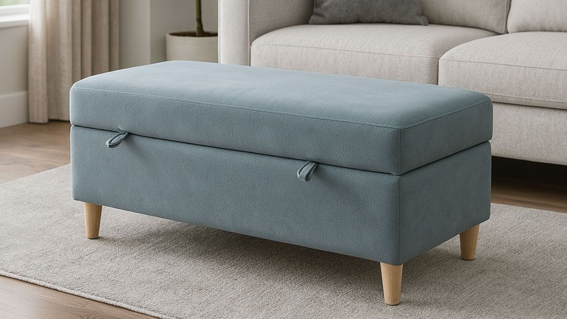 Otomana tapizada azul con patas de madera en una sala de estar.