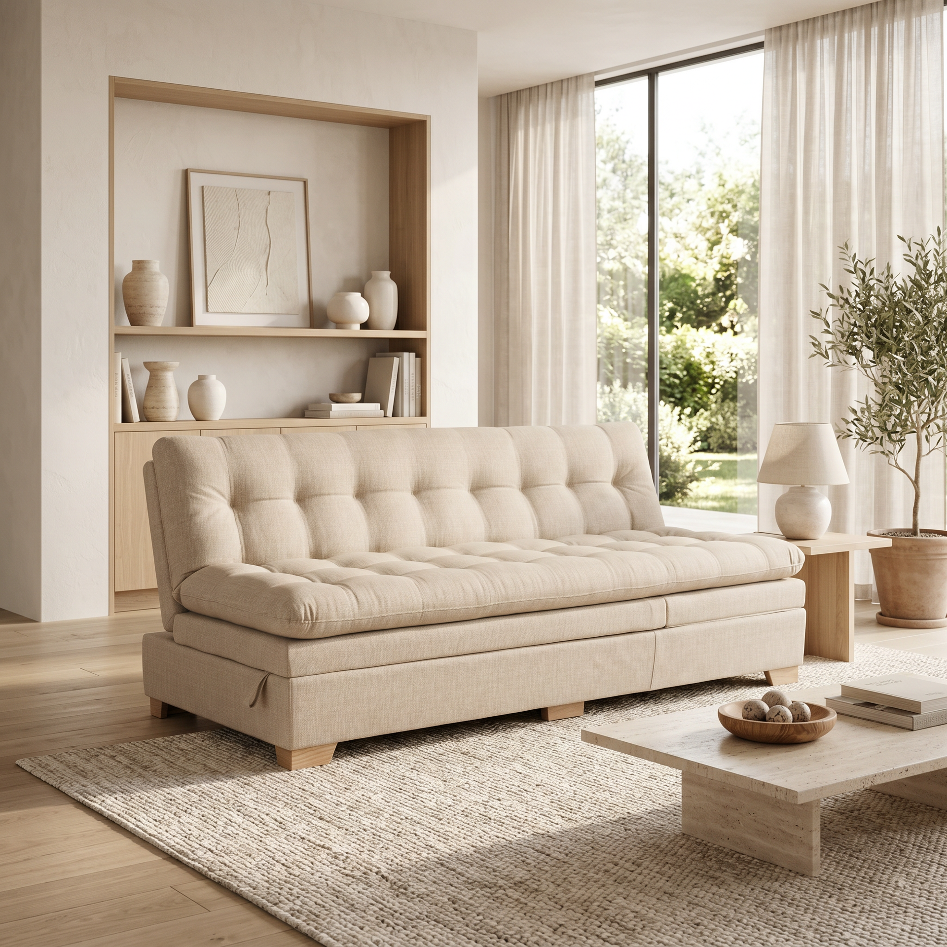 Sala de estar luminosa de color beige con sofá capitoné, grandes ventanales y decoración neutra con luz natural suave.