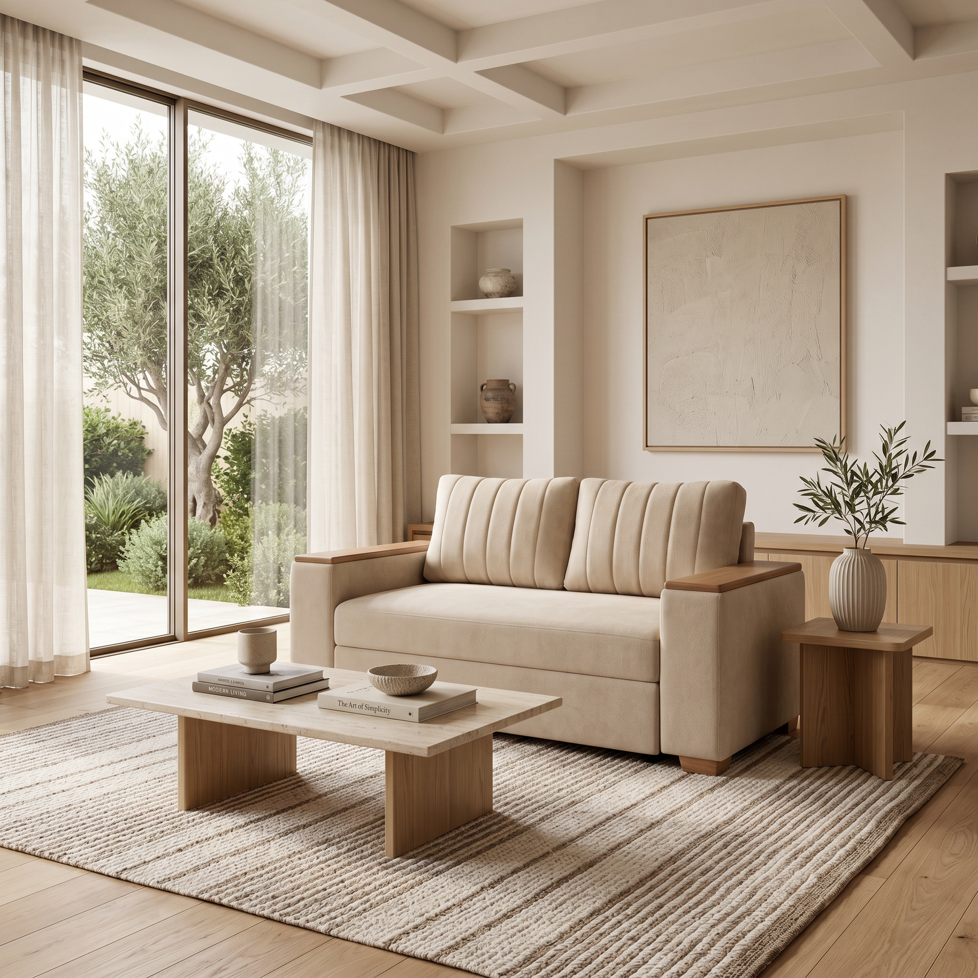 Sala de estar minimalista en tonos beige con sofá, mesa de centro, alfombra y una gran ventana con vistas a la vegetación.