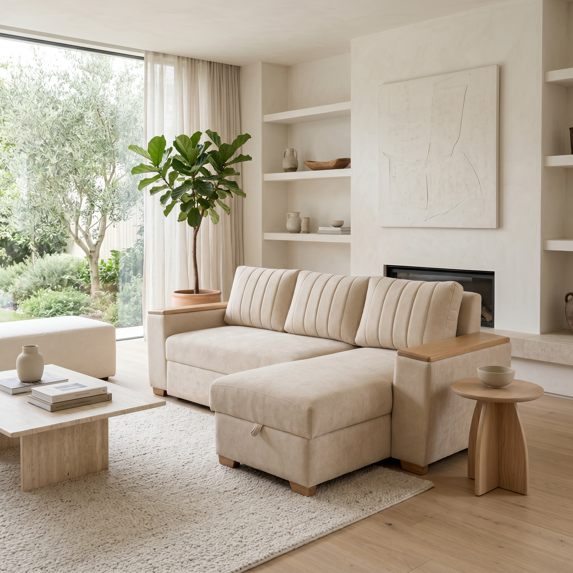 Sala de estar luminosa y minimalista con sofá seccional beige, ventana grande, planta de interior y detalles en madera clara.