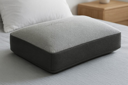 Almohada de espuma gris sobre una cama en un dormitorio, con una mesita de noche de madera al fondo.