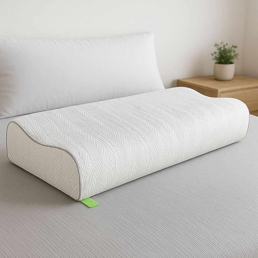 Un cojín cilíndrico blanco en forma de cuña sobre una cama con una mesita de noche beige y una pequeña planta al lado.