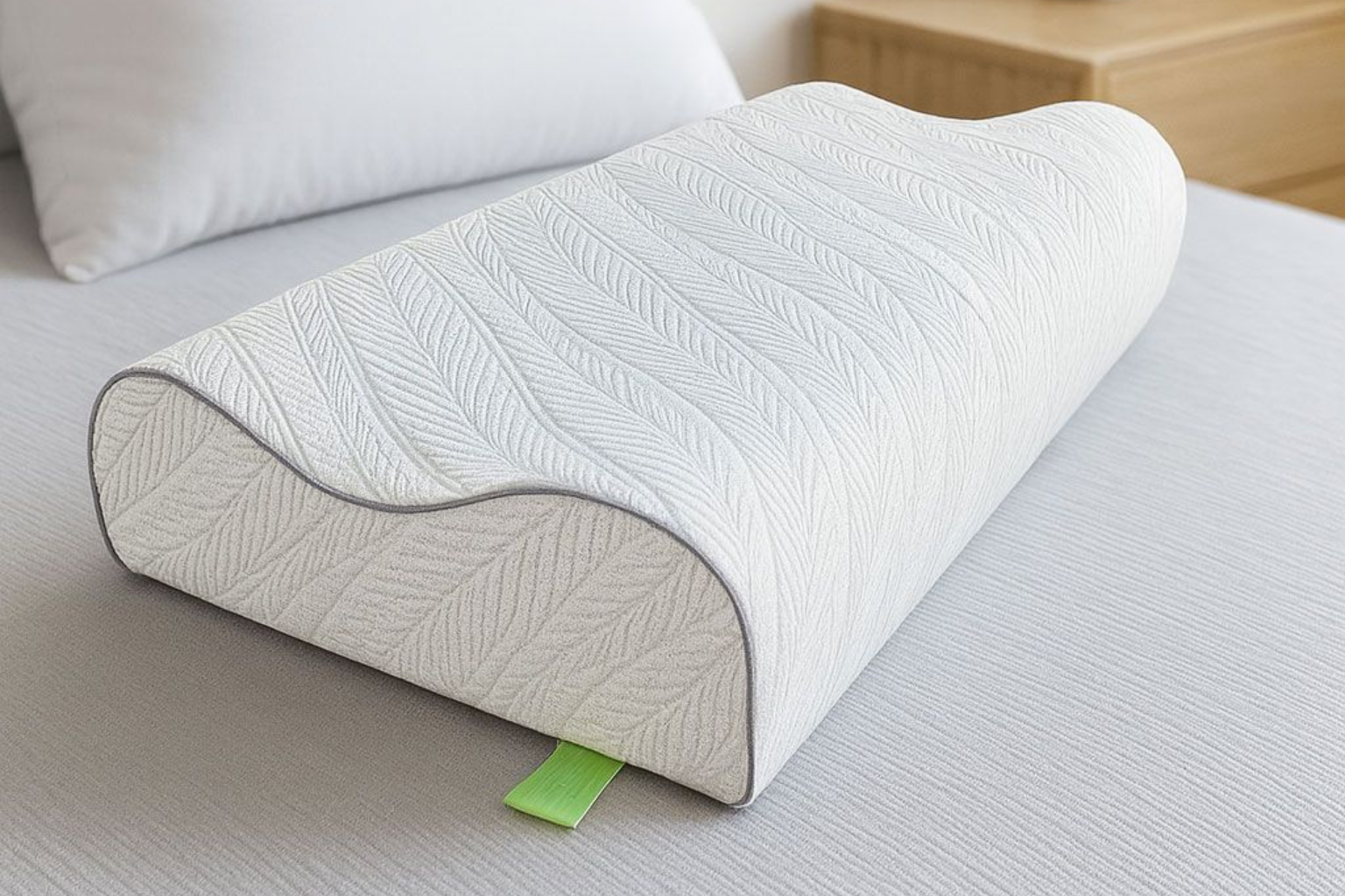 Una almohada de cuña de espuma blanca curvada sobre una cama, con una pequeña lengüeta verde visible.