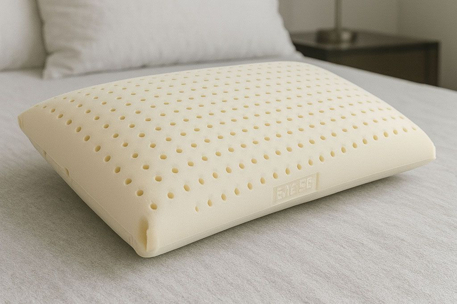 Almohada perforada color crema sobre una colcha gris claro con un cabecero difuminado al fondo.