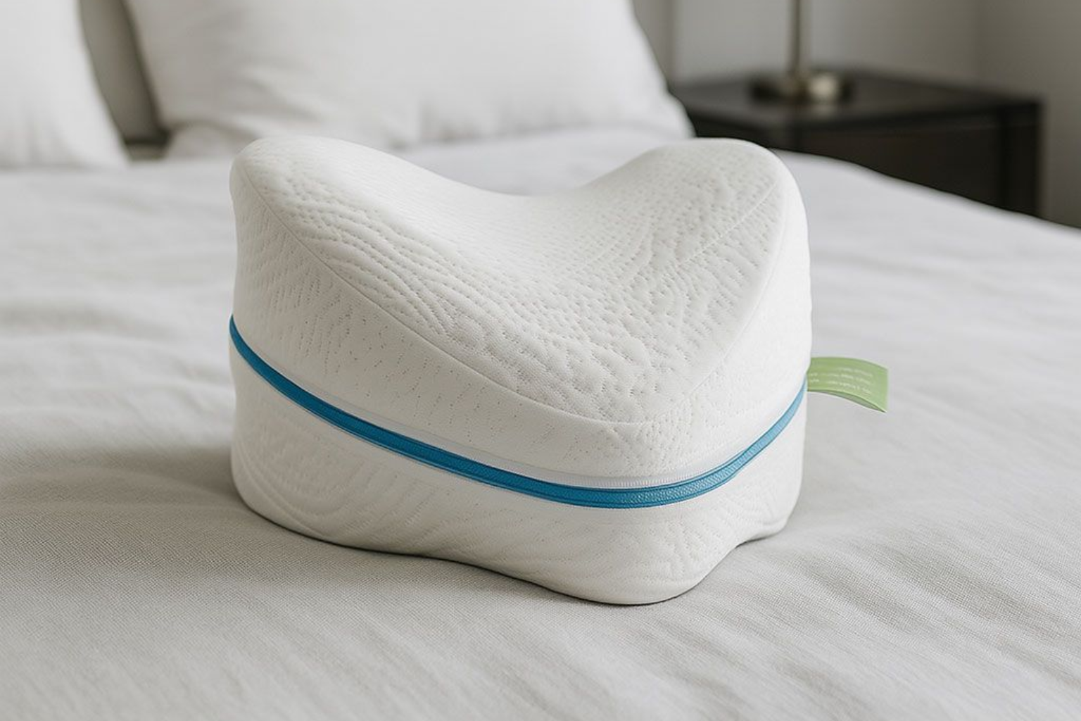 Almohada blanca contorneada con ribete azul sobre una cama con ropa de cama blanca.