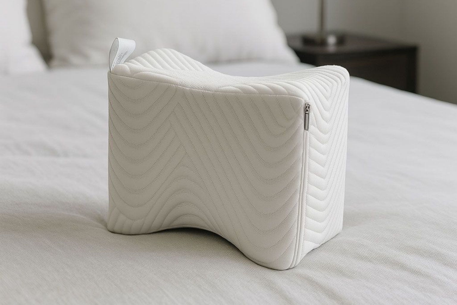 Reposapiés ergonómico blanco sobre una cama en un dormitorio.