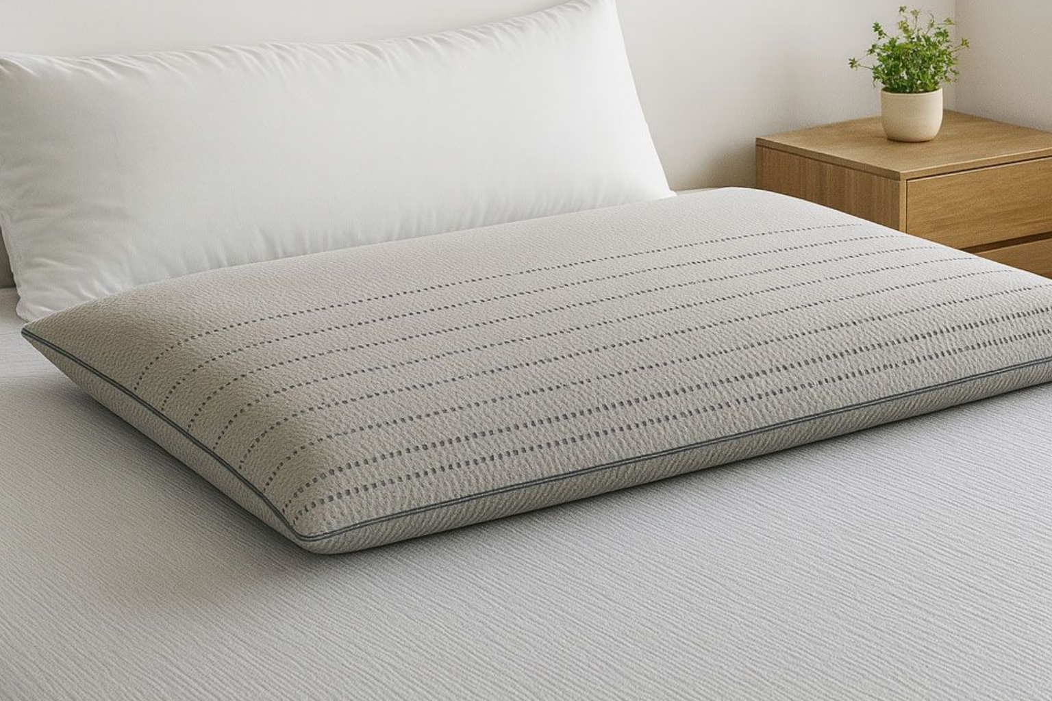 Una almohada gris en forma de cuña sobre una cama junto a una almohada blanca y una pequeña mesita de noche de madera con una planta.